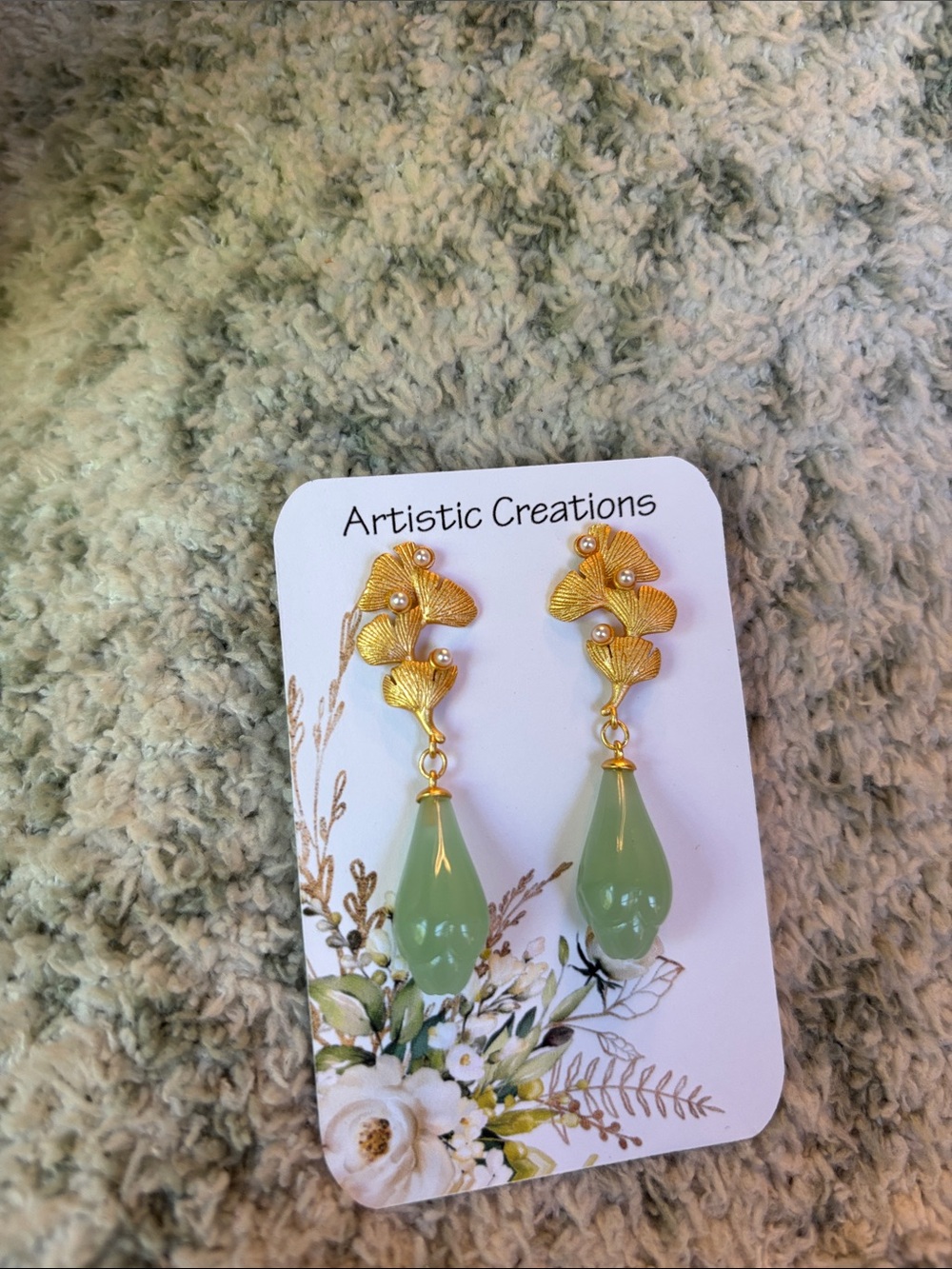 Artistic Creations Gold Ginkgo Leaf Drop Earrings w/ Green Teardrop NWT 1.75” - Picture 4 of 11